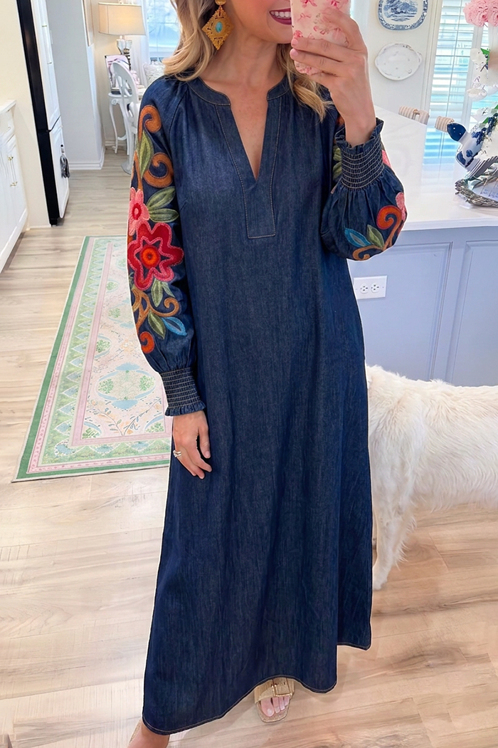 Split Neck Denim Floral Embroidery Maxi Dress