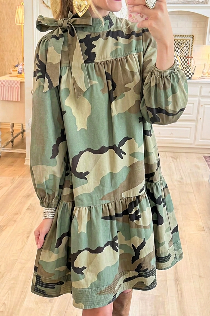 Denim Camo Neck Bow Puff Sleeve Tiered Shirt Dress
