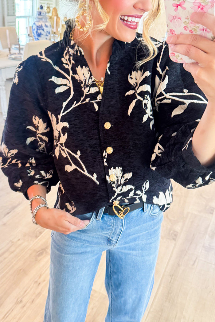 Floral Ruffle Neckline Button Top