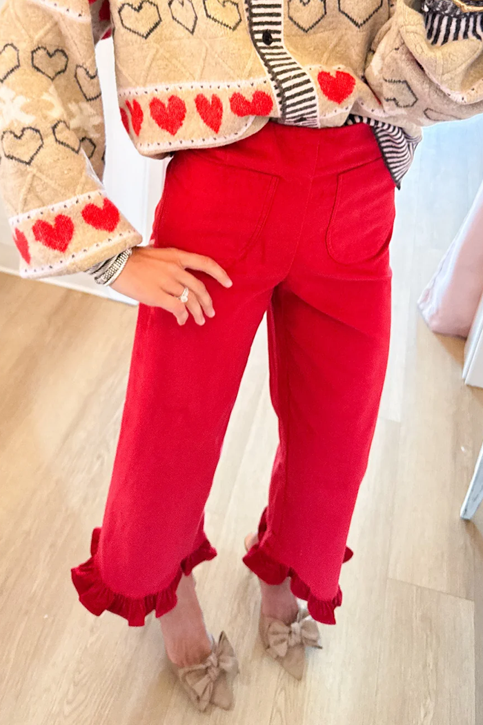 Red Velvet Ruffle Hem Pants