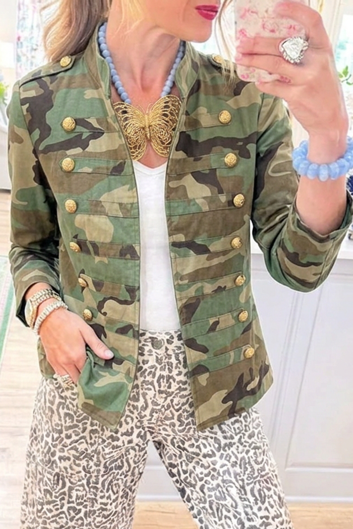 Camo Stand Collar Gold Button Military Jacket