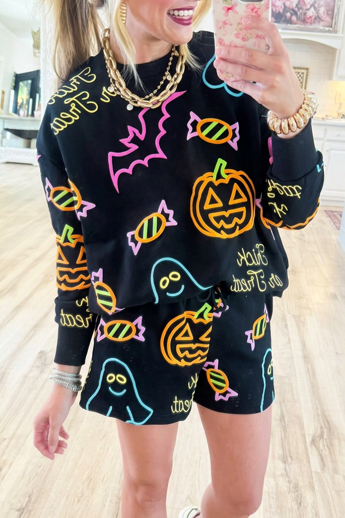 Black Halloween Graphic Crew Neck Long Sleeve Short Set