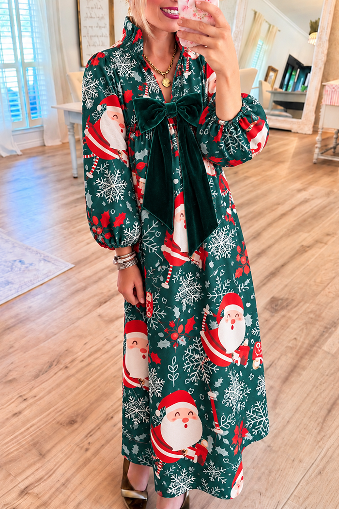Santa Snowflake Pocket Velvet Bow Maxi Dress