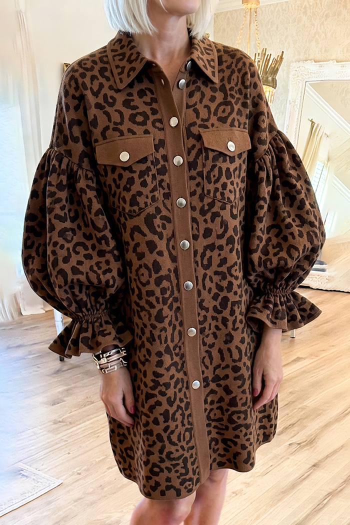 Leopard Collared Pockets Balloon Ruffle Cuff Button Front Dress