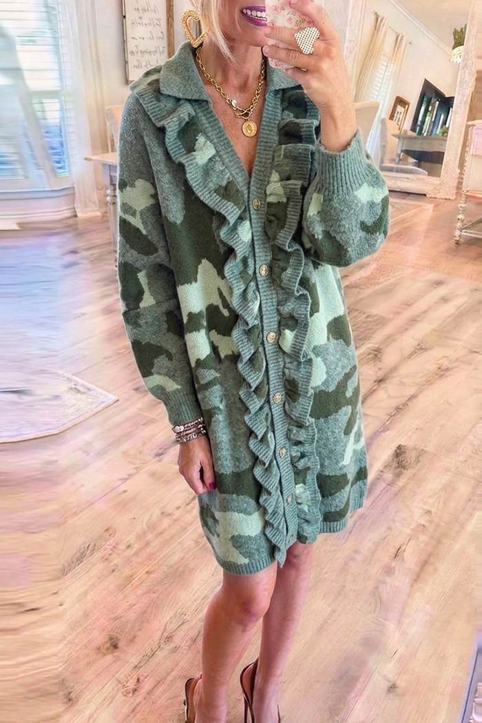 Camo Pattern Knit Collared Ruffle Button Front Long Sleeve Sweater Dress