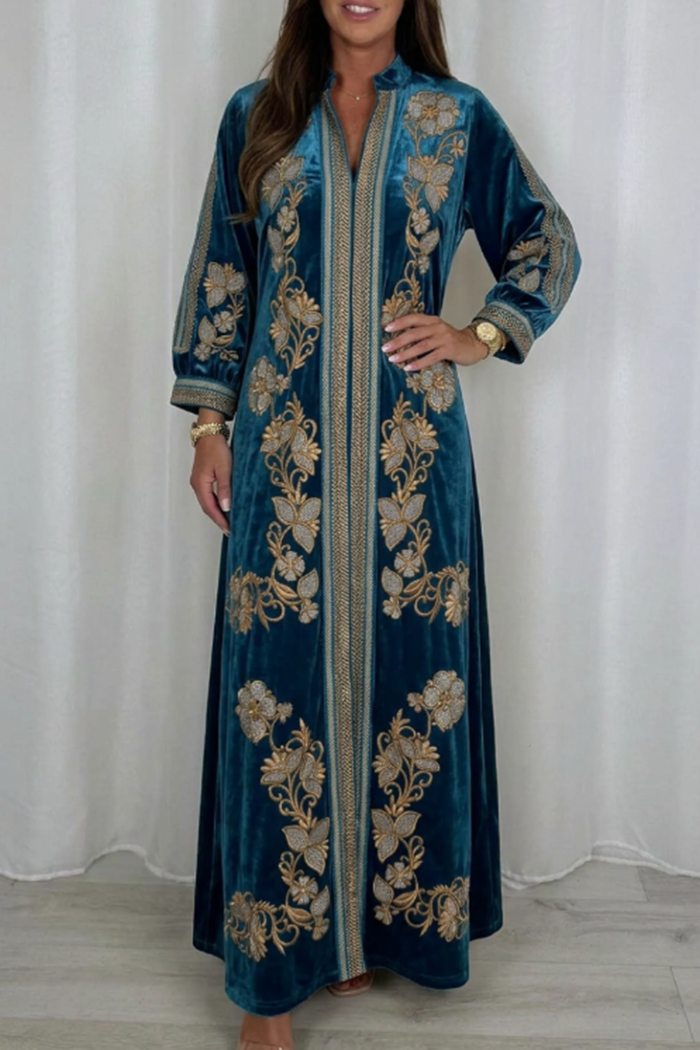 Teal Velvet Gold Floral Stand Collar Maxi Dress