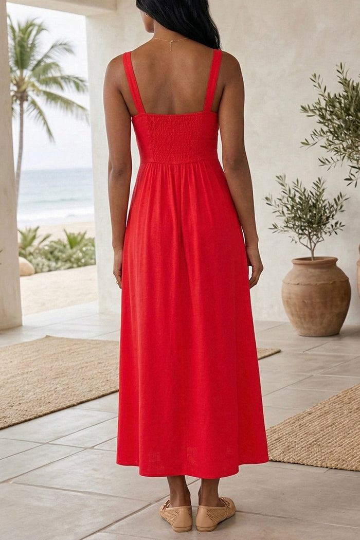 Ruched Button Front A-Line Maxi Dress
