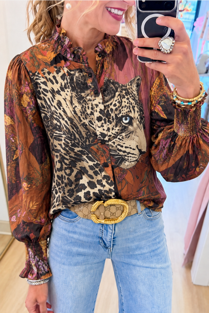 Rust Leopard Floral Button Ruffle Neck Top