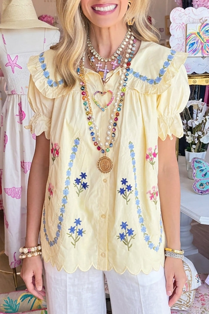Button-Down Ruffled Peter Pan Collar Puff Sleeve Top