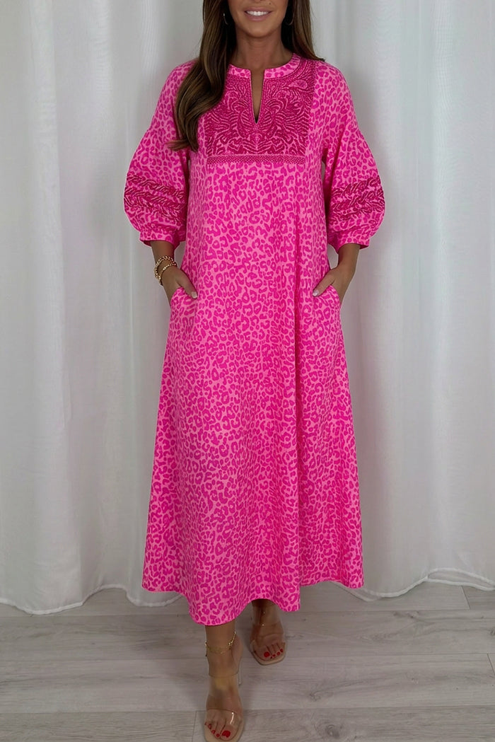 Embroidered Leopard Print Pocket Maxi Dress