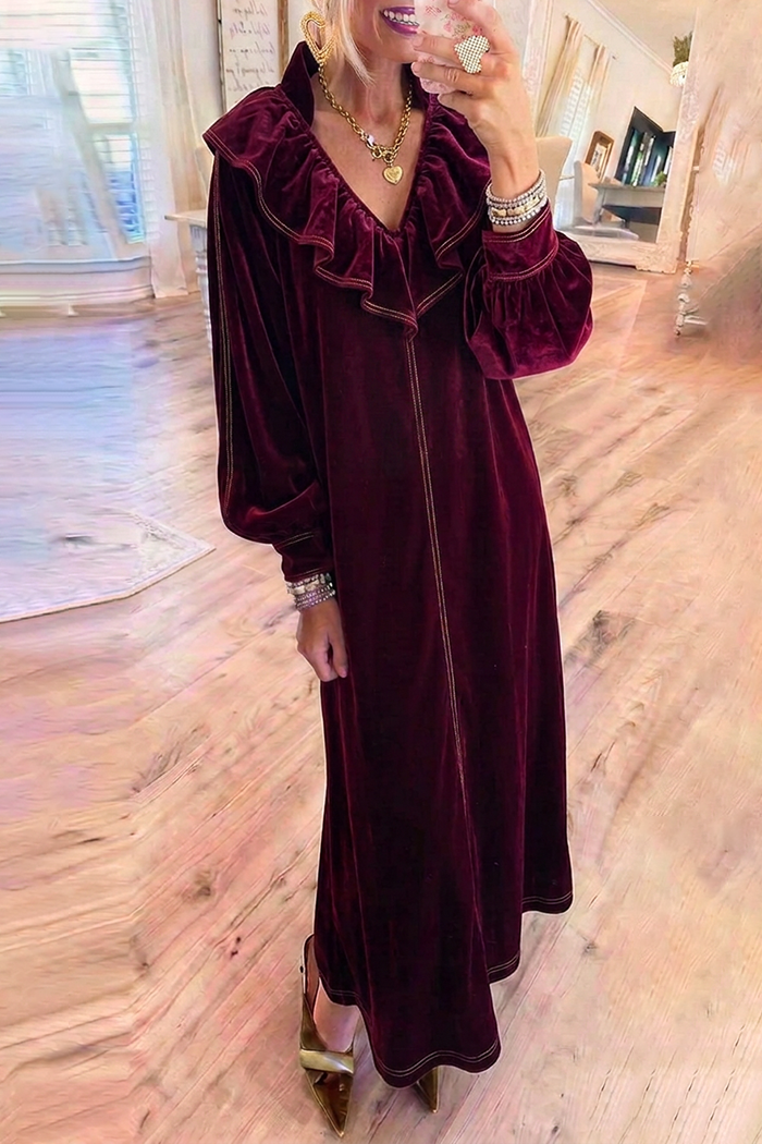 Burgundy Velvet Ruffle Neck Balloon Sleeve Maxi Dress