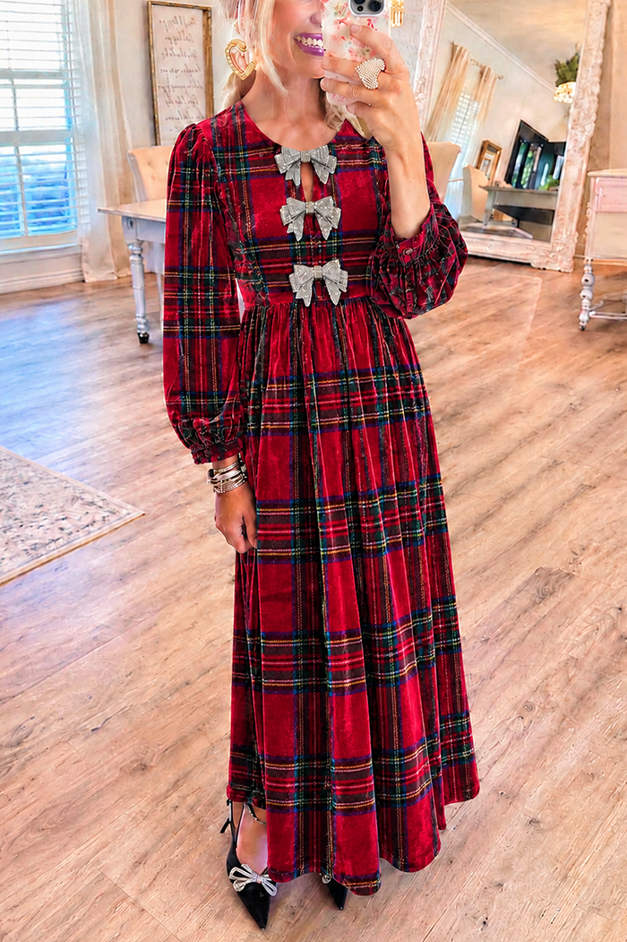 Velvet Plaid Rhinestone Bow Pocket Maxi Dress