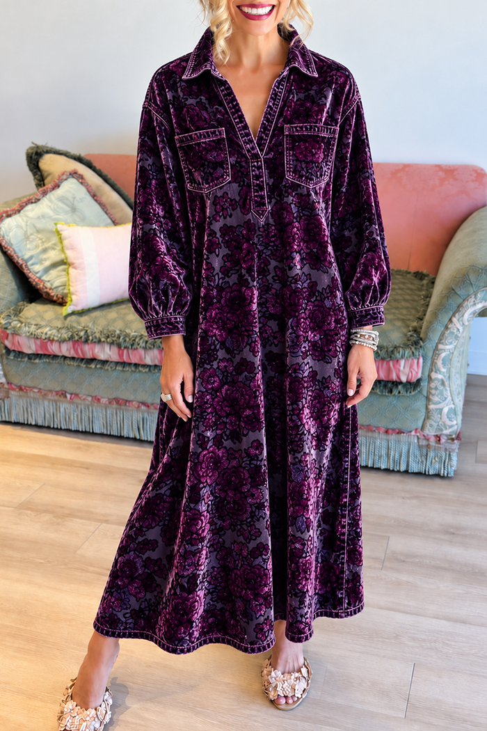 Velvet Floral Collar Pockets Maxi Dress