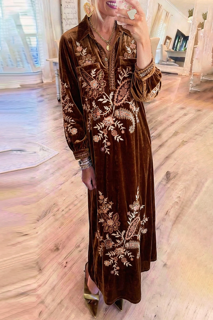 Brown Velvet Floral Embroidered Pocket Maxi Dress