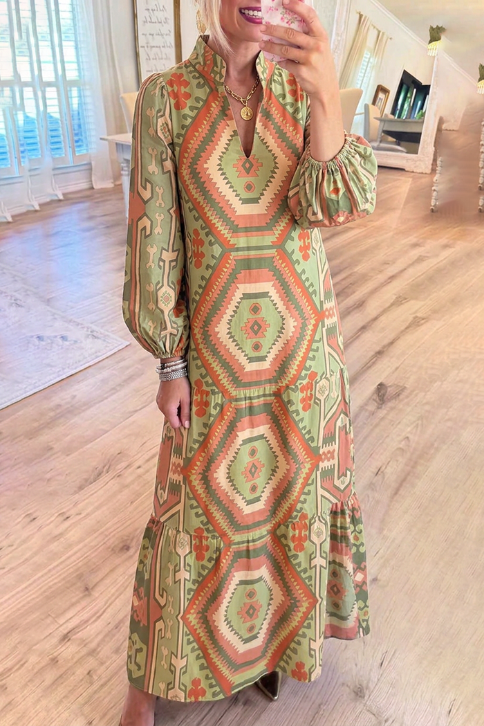 Geometric Print Stand Collar Balloon Sleeves Pockets Maxi Dress