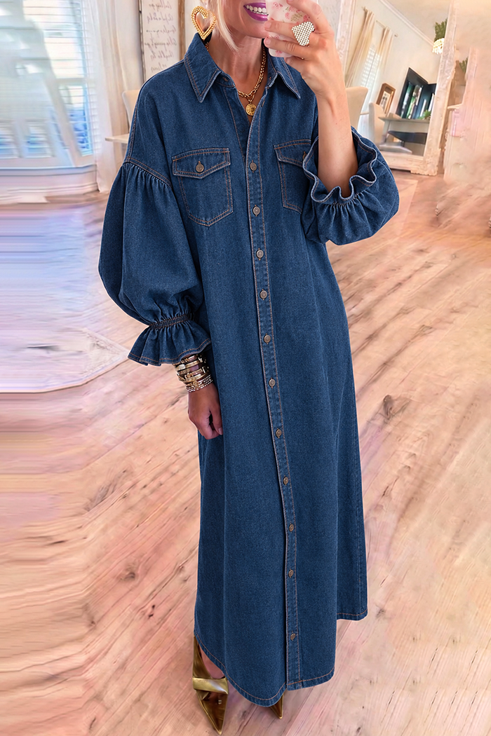 Button Front Ruffle Cuff Denim Pockets Maxi Dress