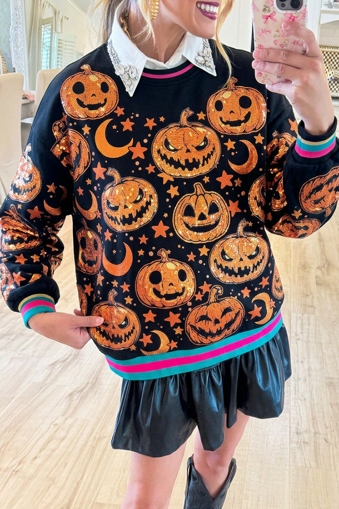 Black Halloween Pumpkin Motif Color Block Sweatshirt
