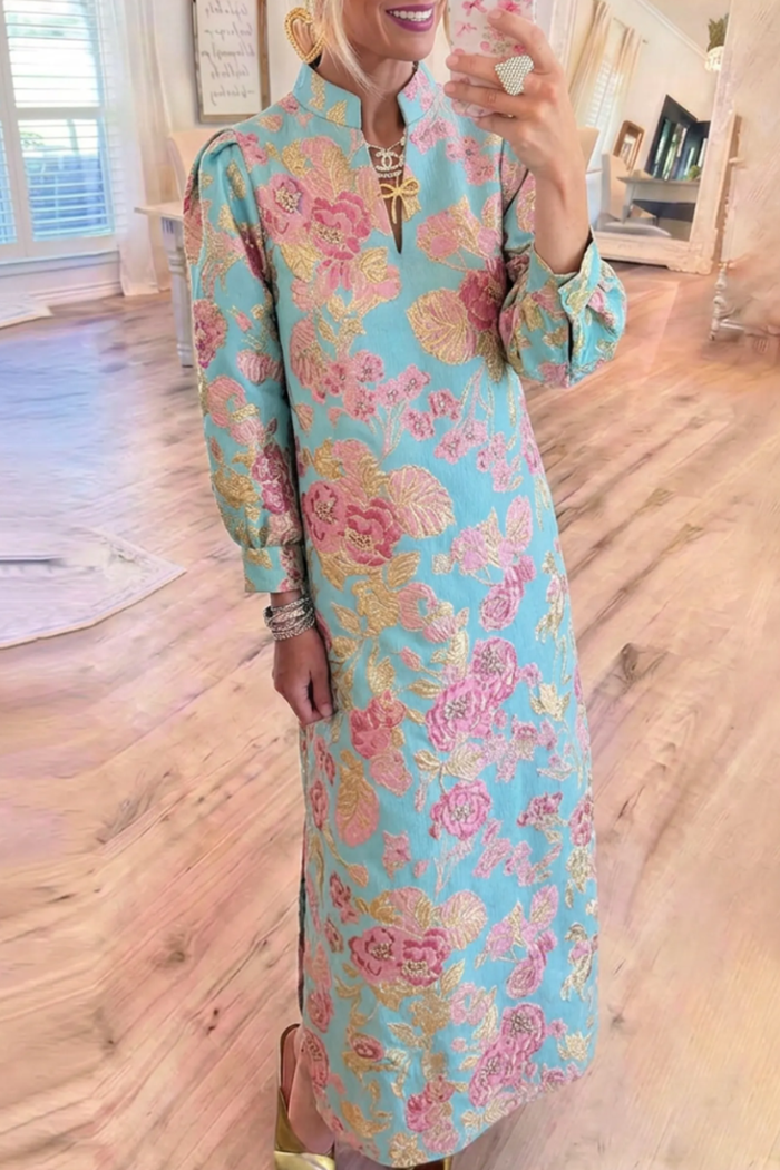 Turquoise Floral Jacquard Balloon Sleeve Side Slit Maxi Dress