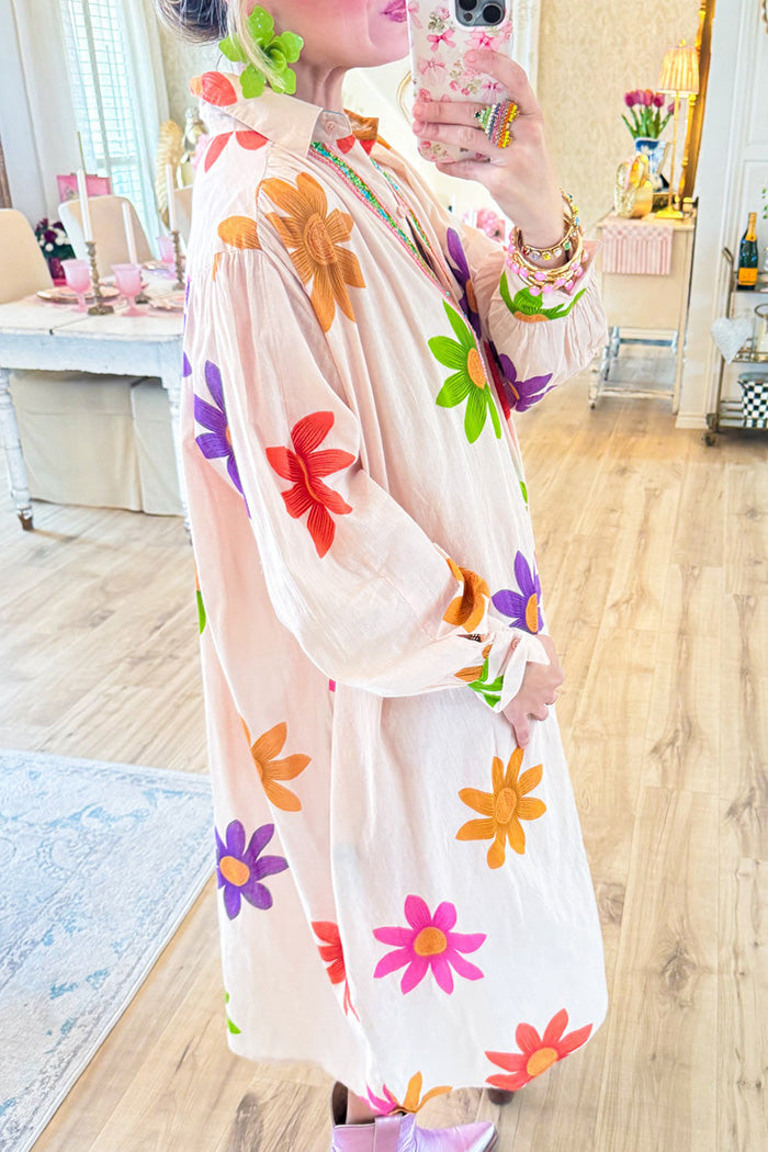 Multi Flower Print Long Sleeves Dress
