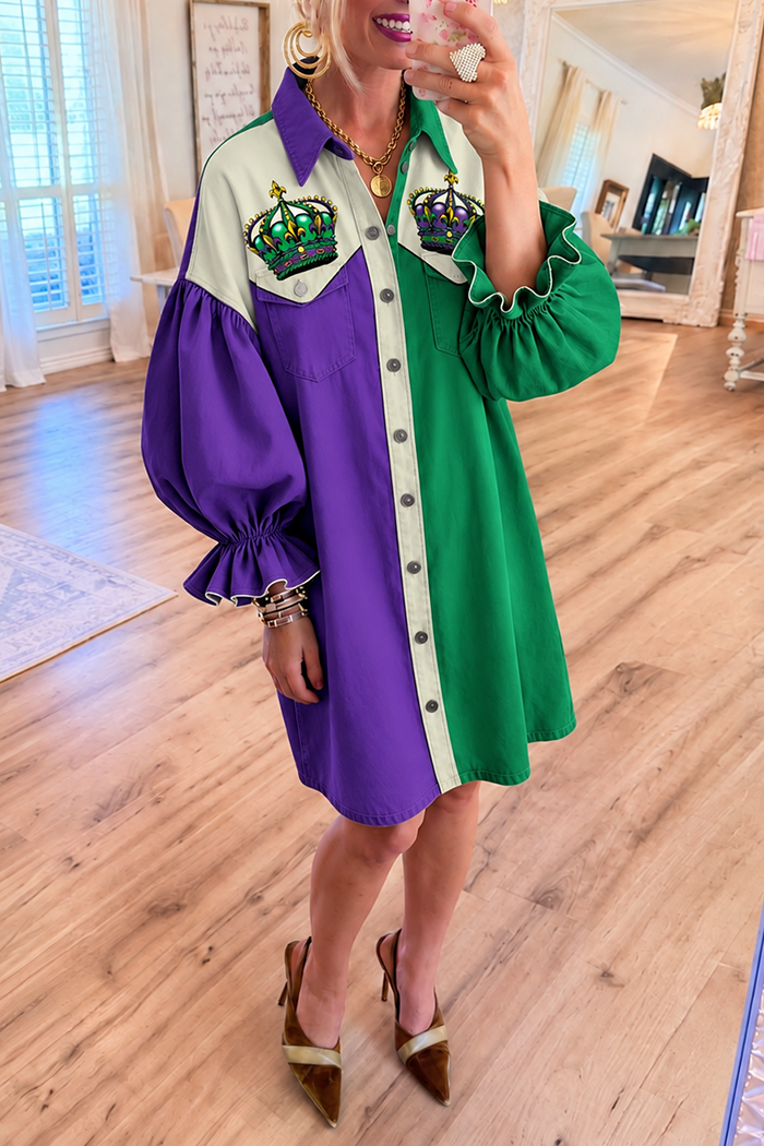 Color Block Denim Crown Bubble Ruffle Sleeve Pockets Dress