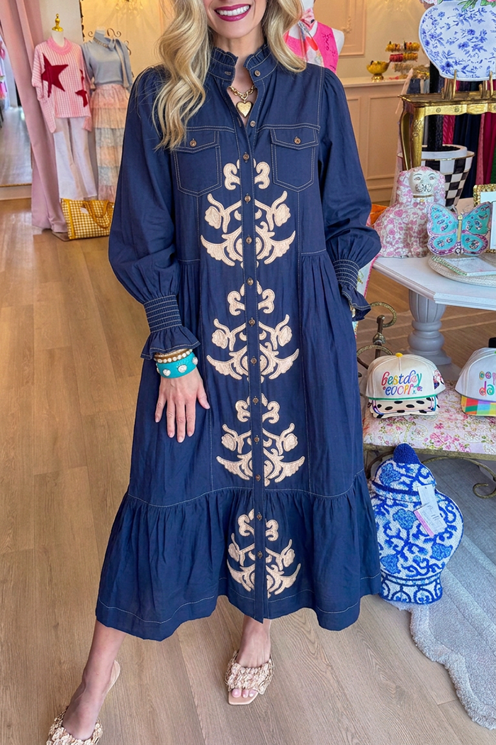 Button Front Denim Smocked Cuff Pocket Maxi Dress
