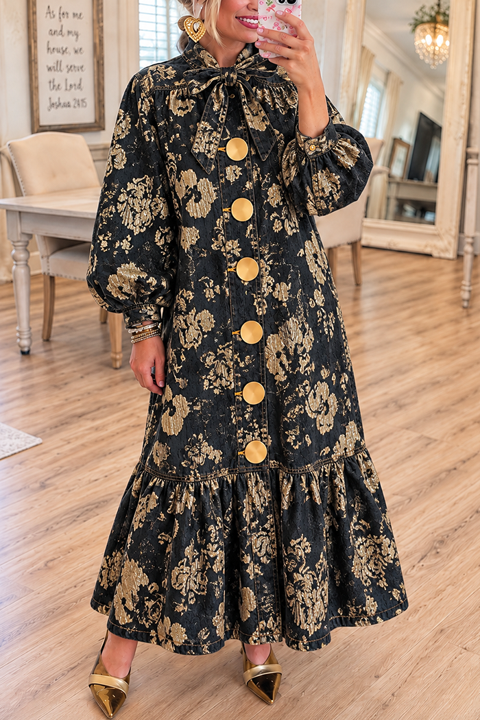 Gold Floral Bow Neck Maxi Dress