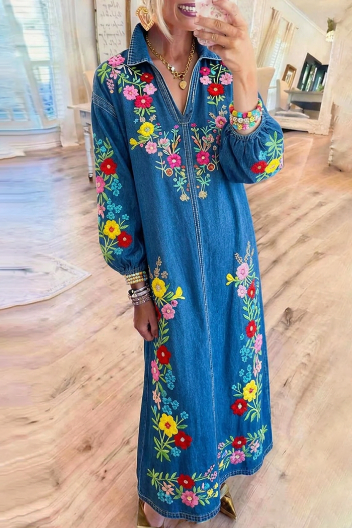 Denim Split Collar Puff Sleeve Floral Embroidery Maxi Dress