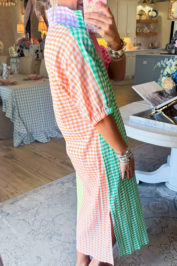 Multi Gingham Slit Midi Dress