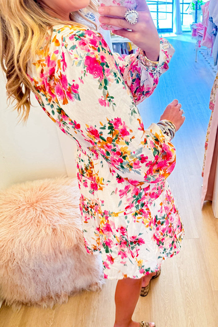 Long Sleeve Floral Waist Smocked Mini Dress