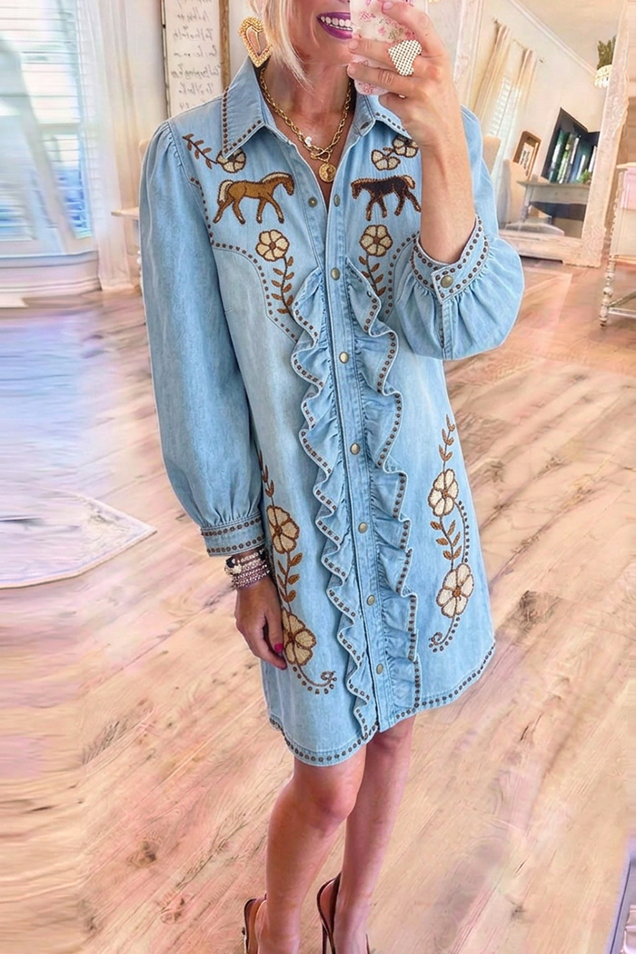 Light Wash Denim Ruffle Placket Western Horse Floral Embroidery Dress