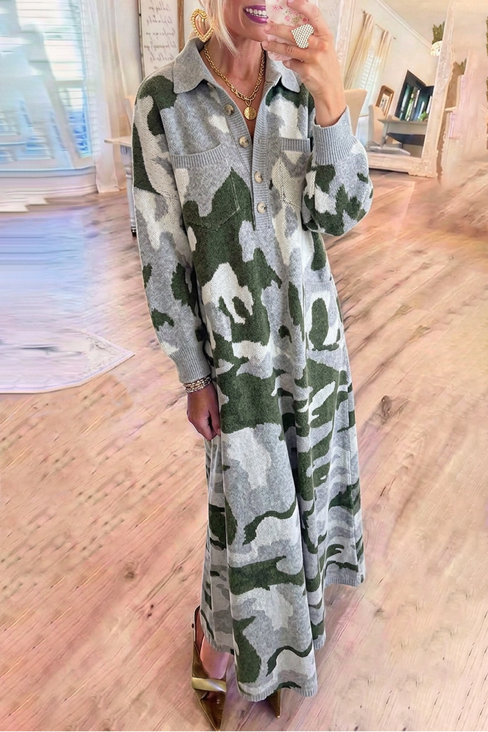 Grey Camo Jacquard Knit Pocket Maxi Dress