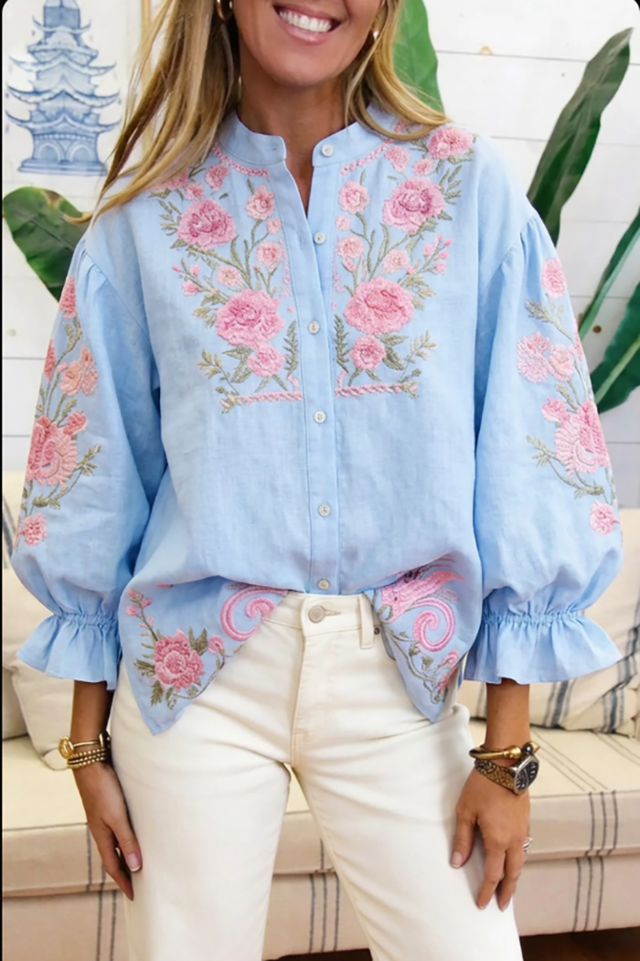 Casual Puff Sleeve Embroidered Top