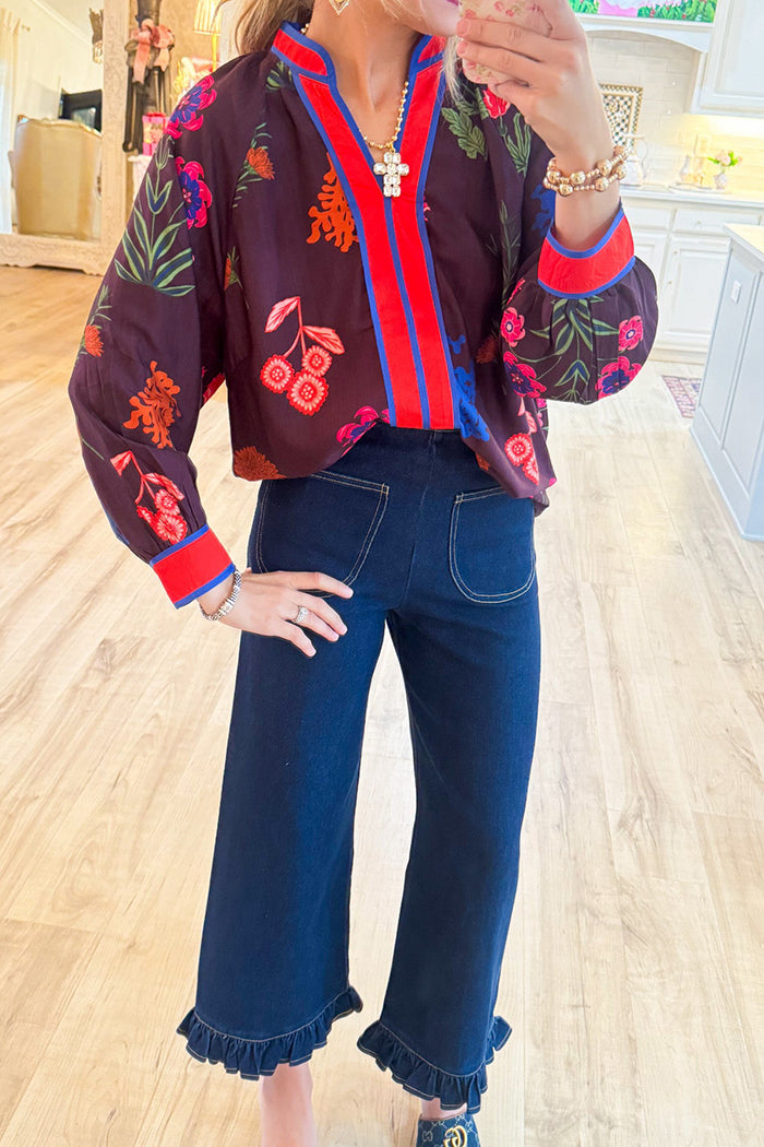 Denim Pocket Washed Ruffle Hem Pants