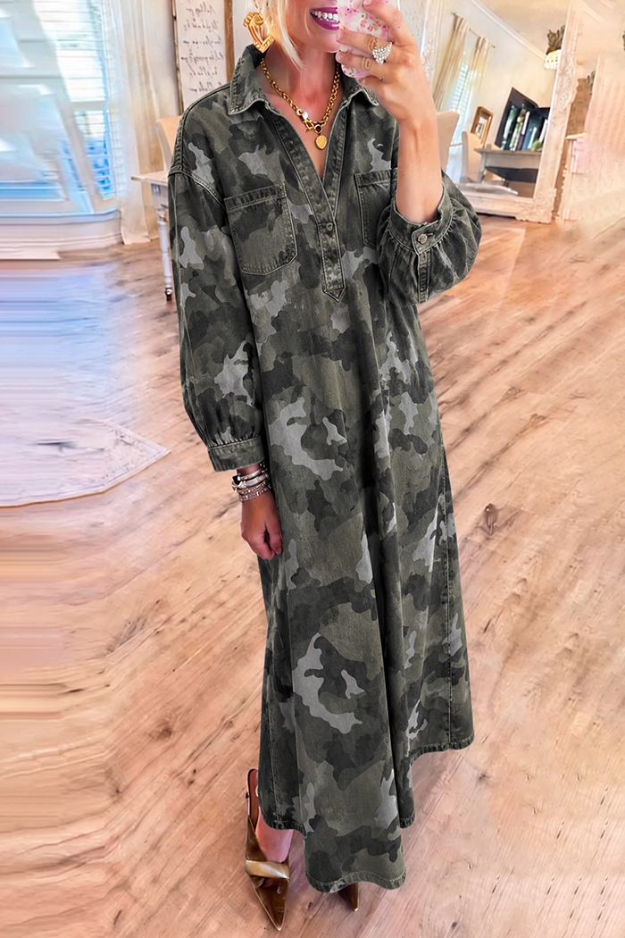 Camo Denim Half Placket Pockets Maxi Dress