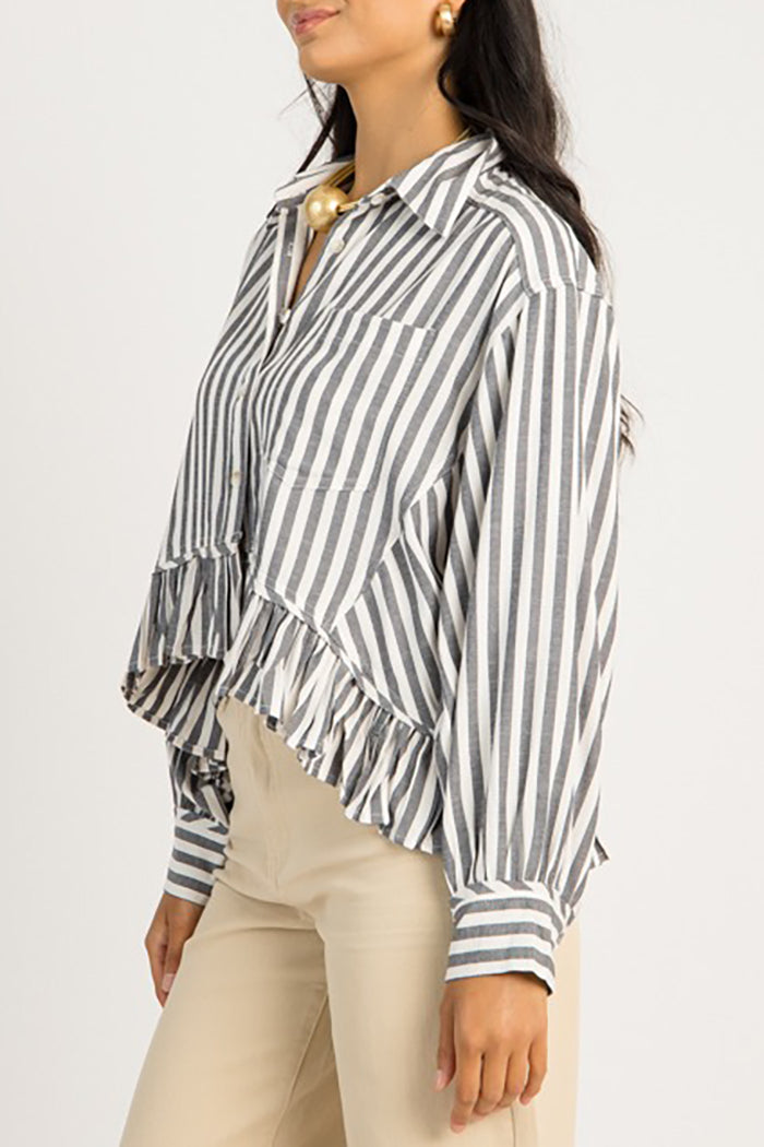 Striped Ruffled Hem Button Shirt