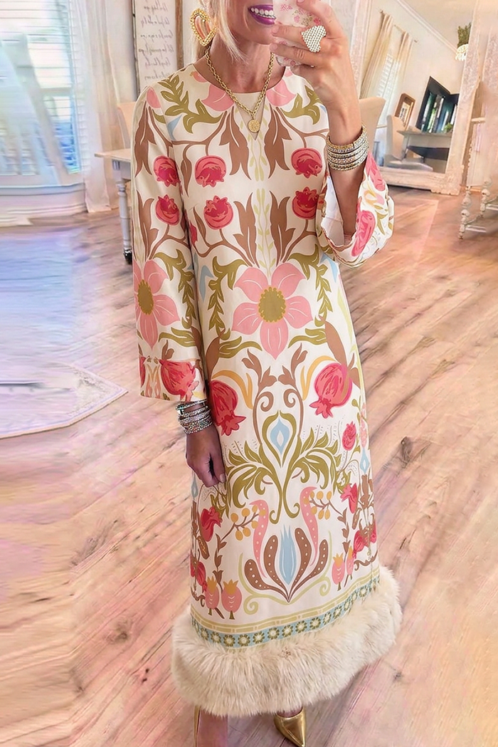 Fringe Hem Flare Sleeve Floral Maxi Dress