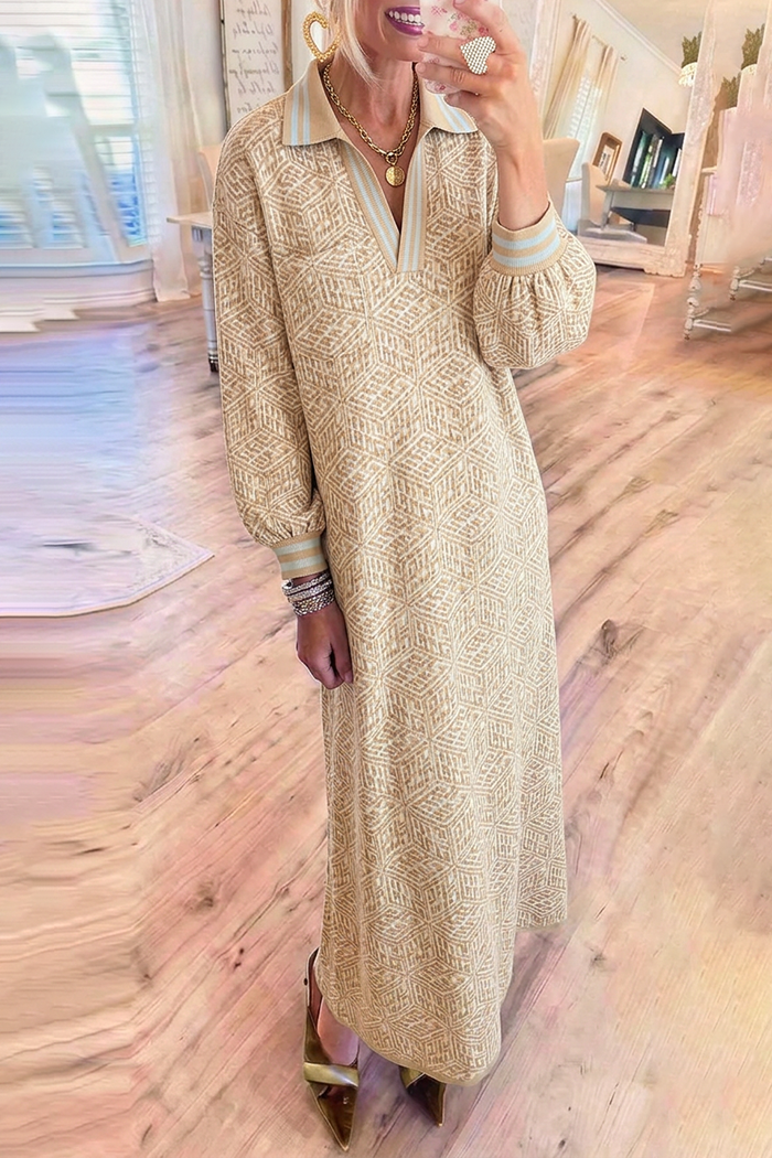 Casual Jacquard Collared Long Sleeve Striped Cuff Pocket Maxi Dress