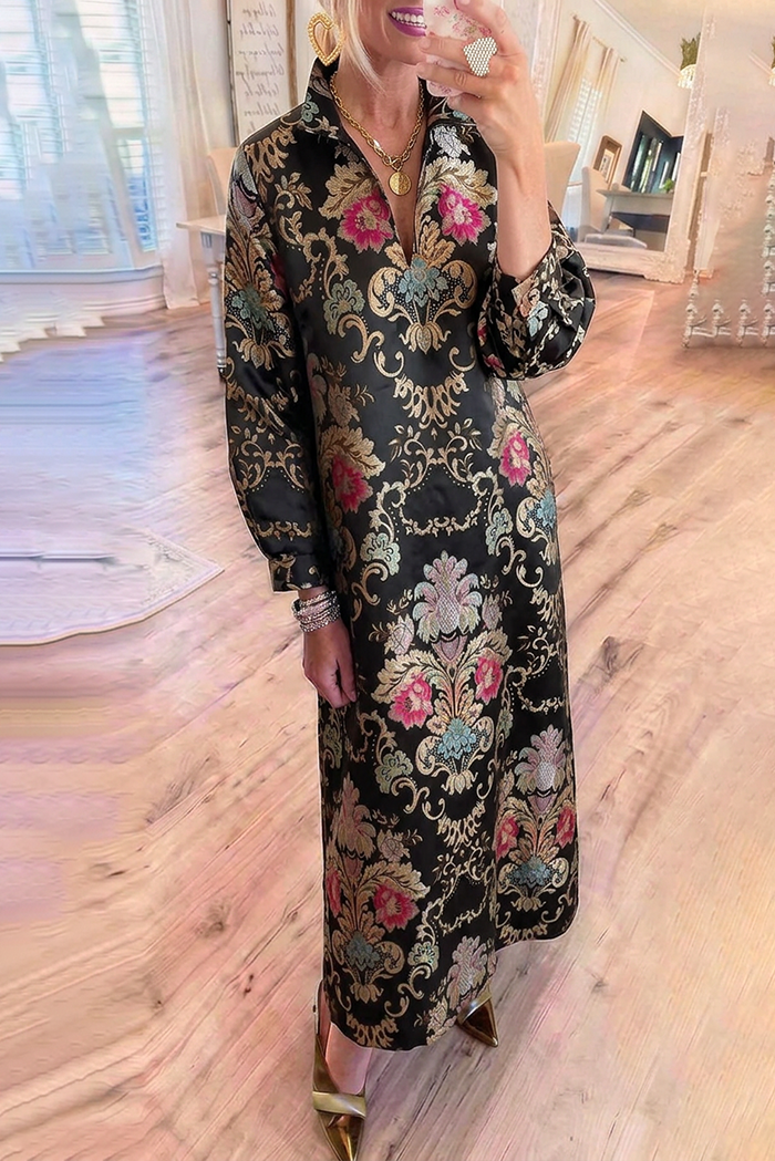 Floral Jacquard Shirt Collar Balloon Sleeves Pockets Maxi Dress