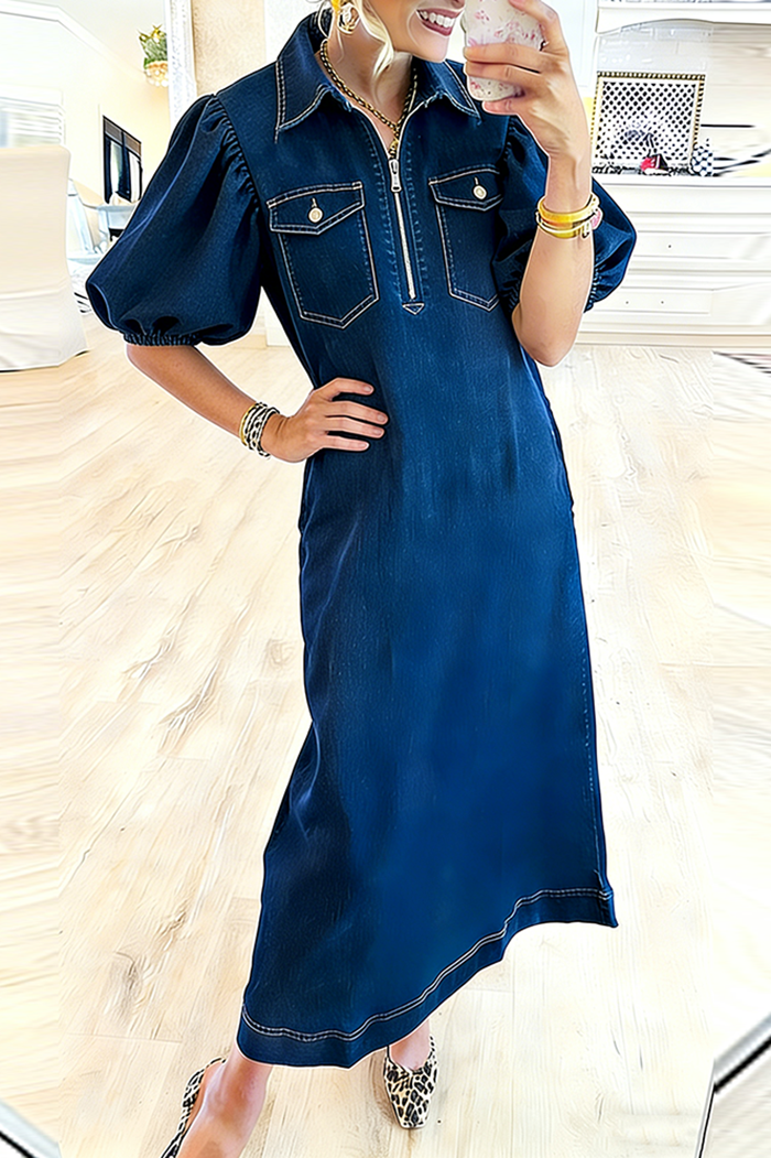 Collared Puff Sleeve Zip Placket Chest Pocket Denim Maxi Dress