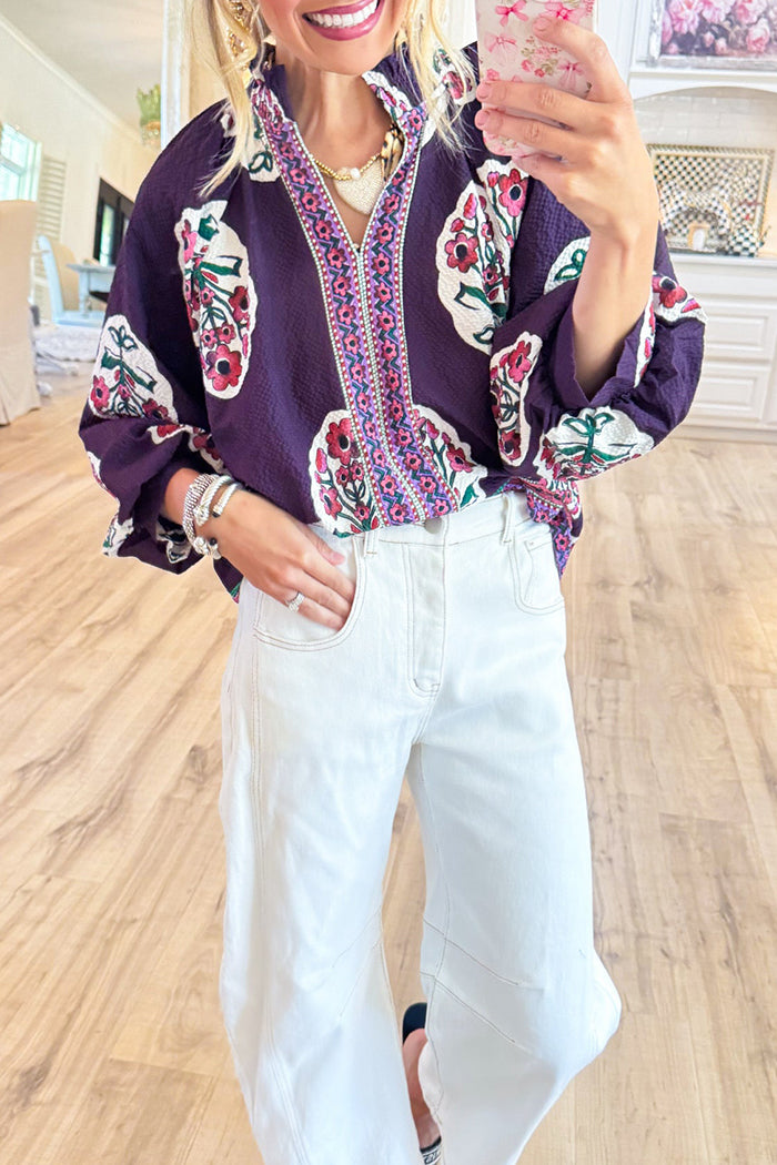 Boho Floral Flowy 3/4 Sleeve Top