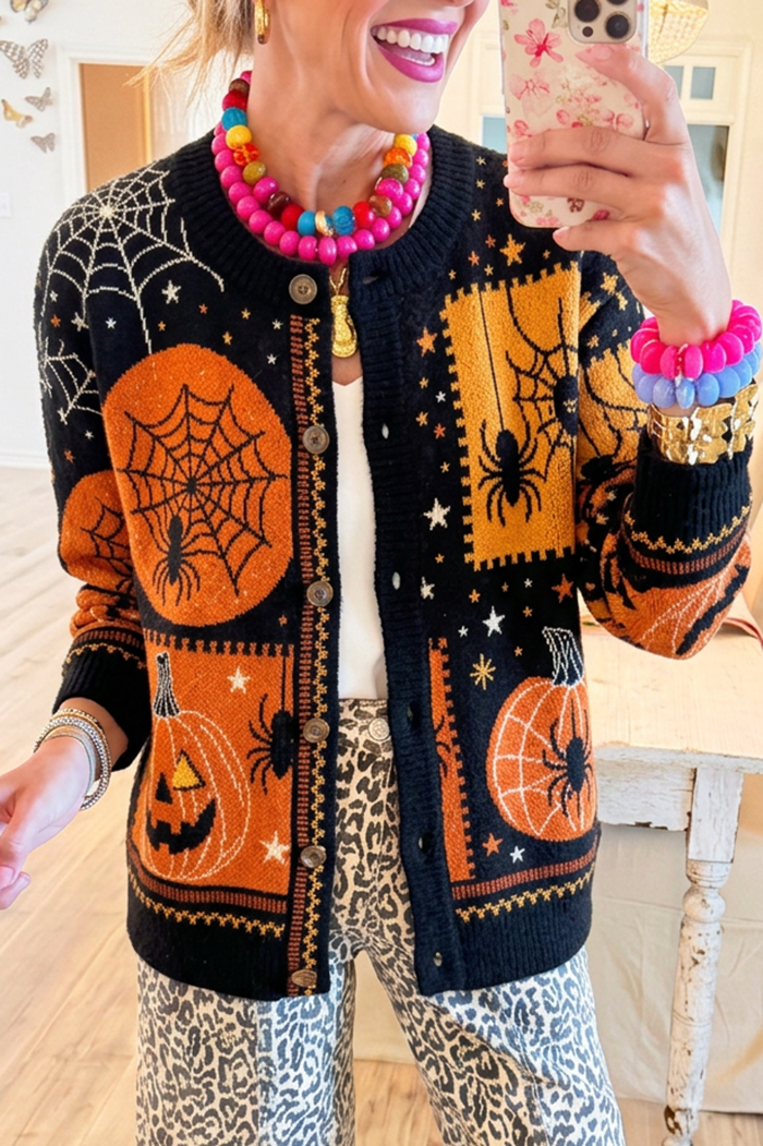 Round Neck Knit Pumpkin Spider Jacquard Cardigan