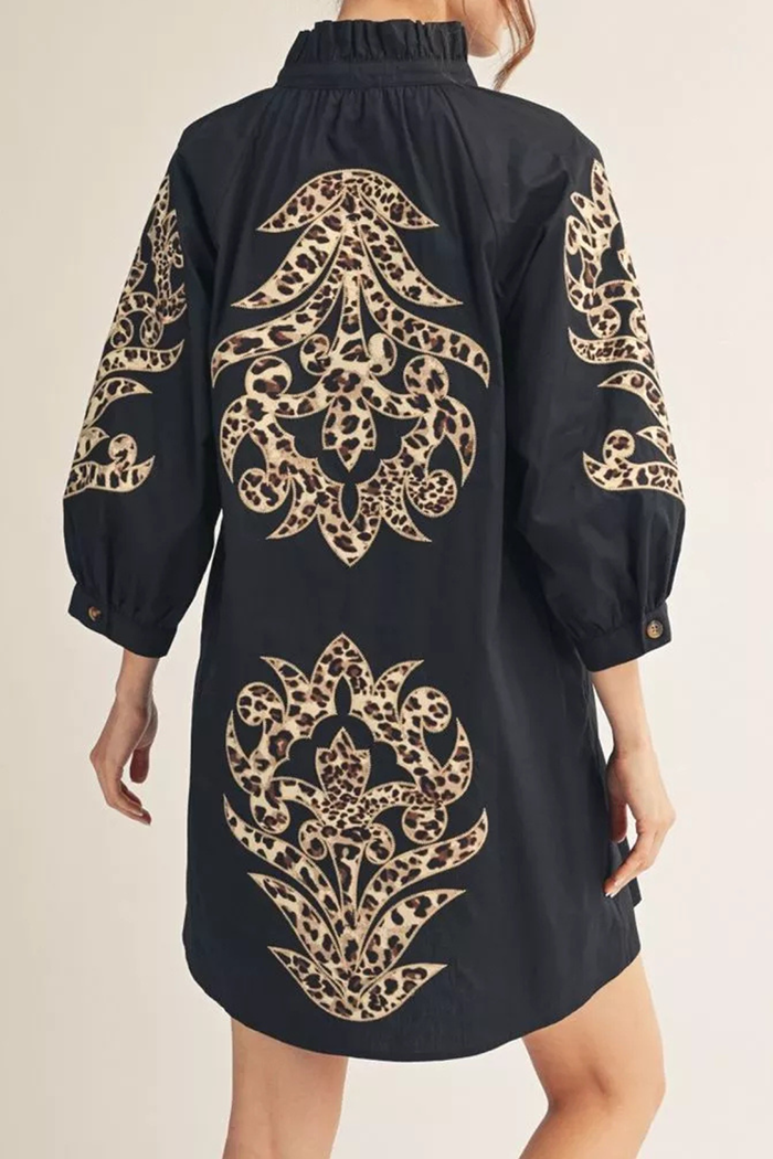 Ruffled Neck Leopard Applique Dress