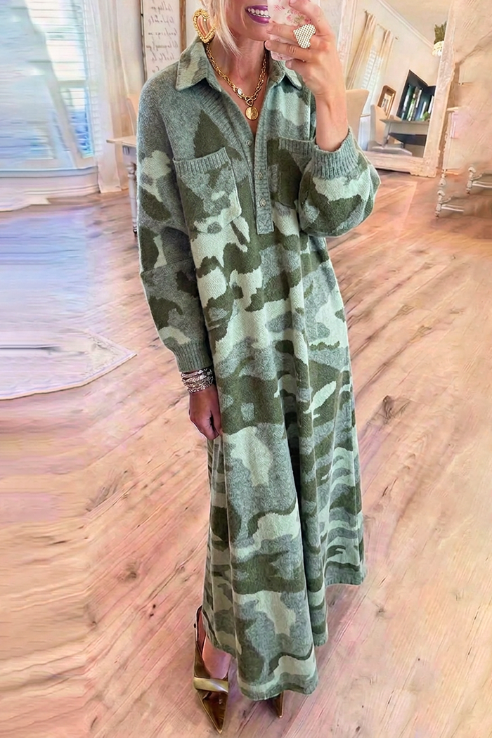 Camo Pattern Knit Collared Half Button Chest Pockets Maxi Sweater Dress
