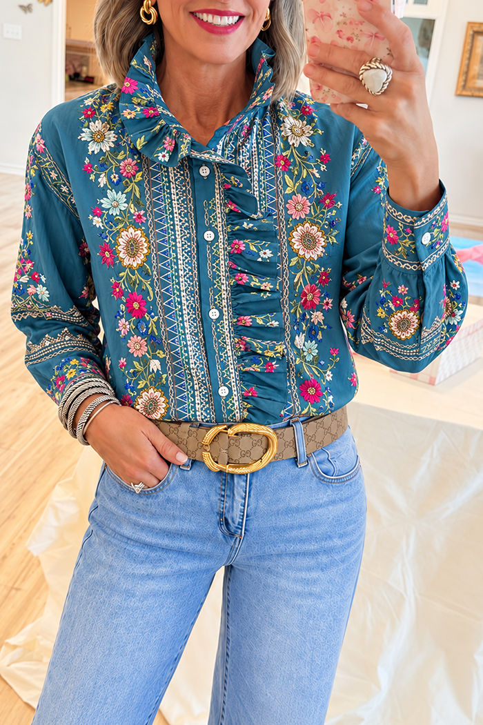 Casual Floral Print Ruffle Shirt