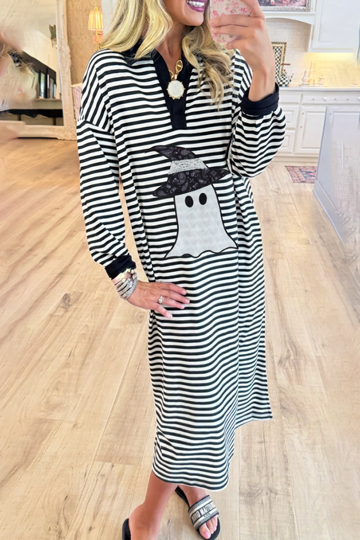 Black White Stripe Ghost Applique Collar Midi Dress