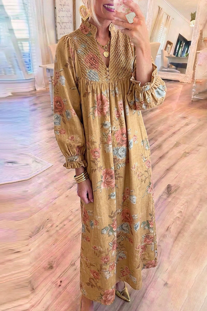 Denim Floral Ruffle Stand Collar Smocked Puff Long Sleeve Maxi Dress