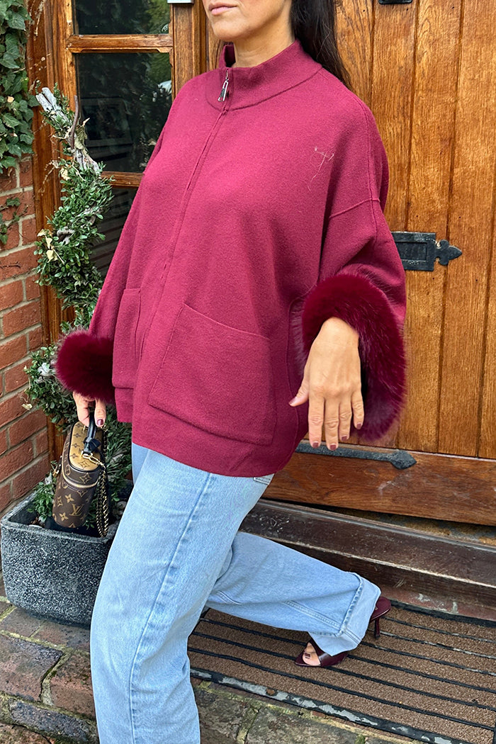 Faux Fur Cuff Pocket Knit Jacket