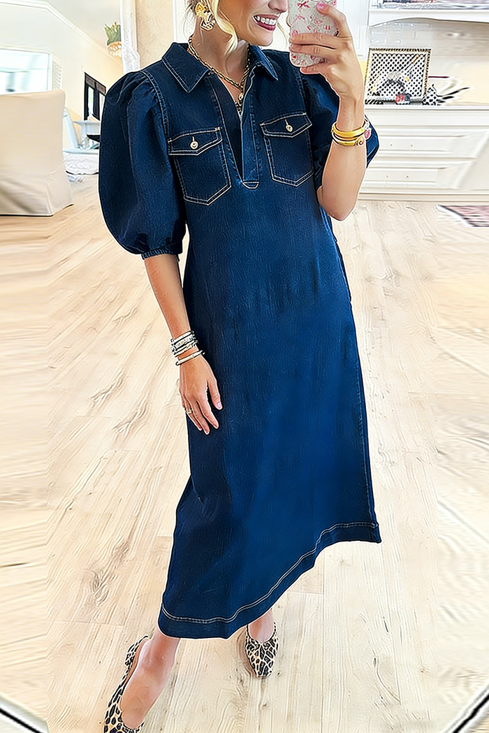 Collared Puff Sleeve Chest Pocket Denim Maxi Dress