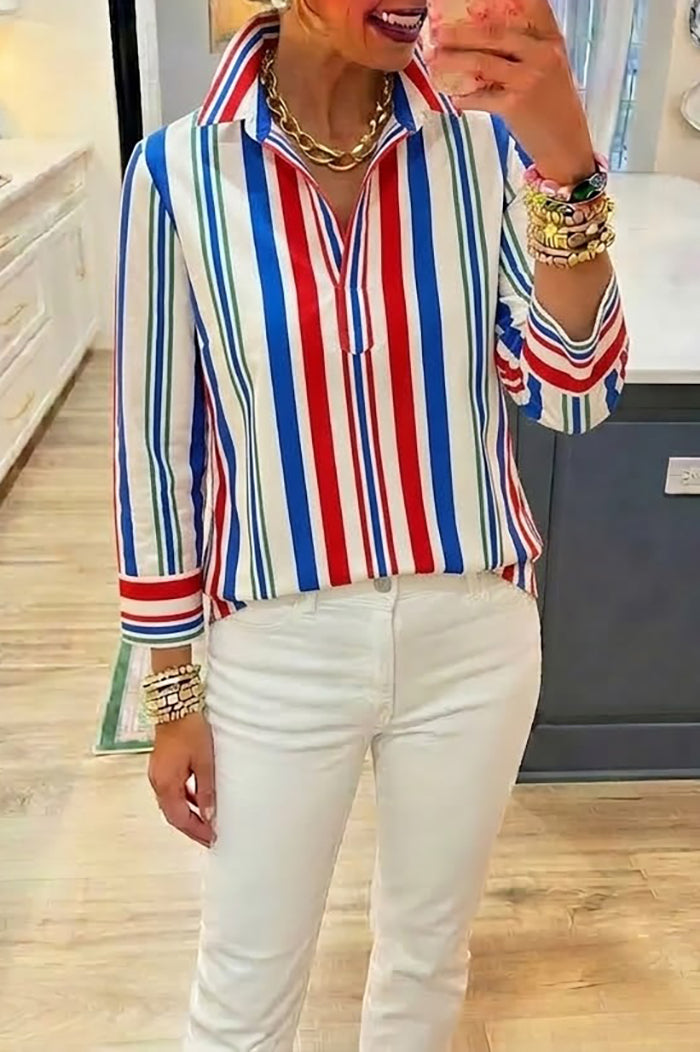 Multicolor Stripe Collared Cuffed Long Sleeve Top