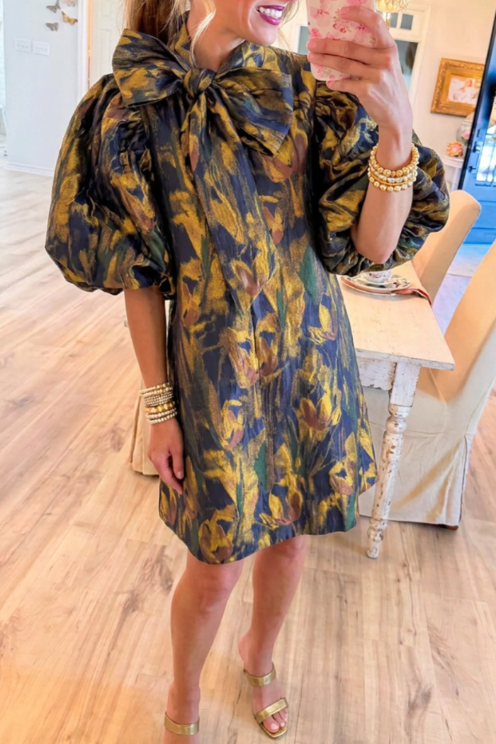 Floral Bow Neck Puff Short Sleeve Shift Dress